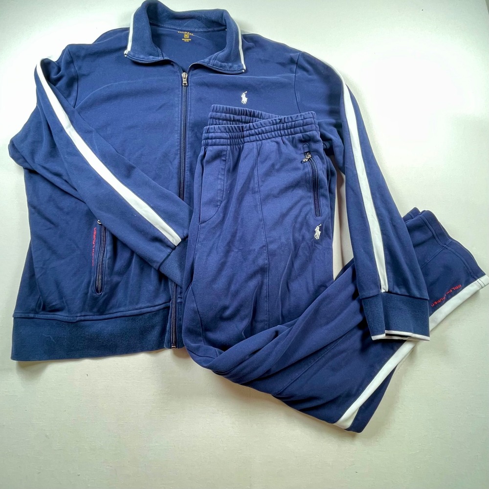 Polo Ralph Lauren Men Track Suit Navy Blue White Stripe Zip Jacket Pants XXL EUC